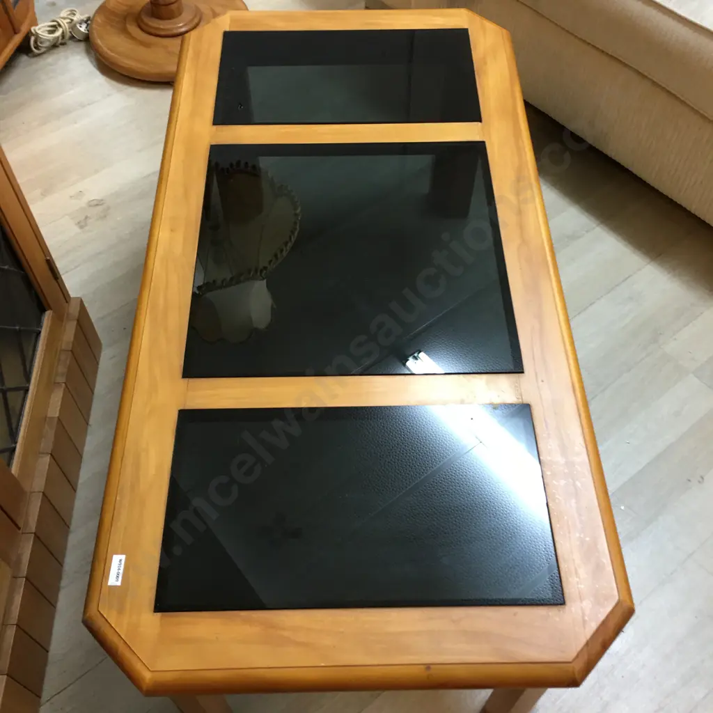 Rectangular Rimu Coffee Table With Black Tinted Glass Panels & Bevelled Edge. H43 W110 D55cm Image 1++