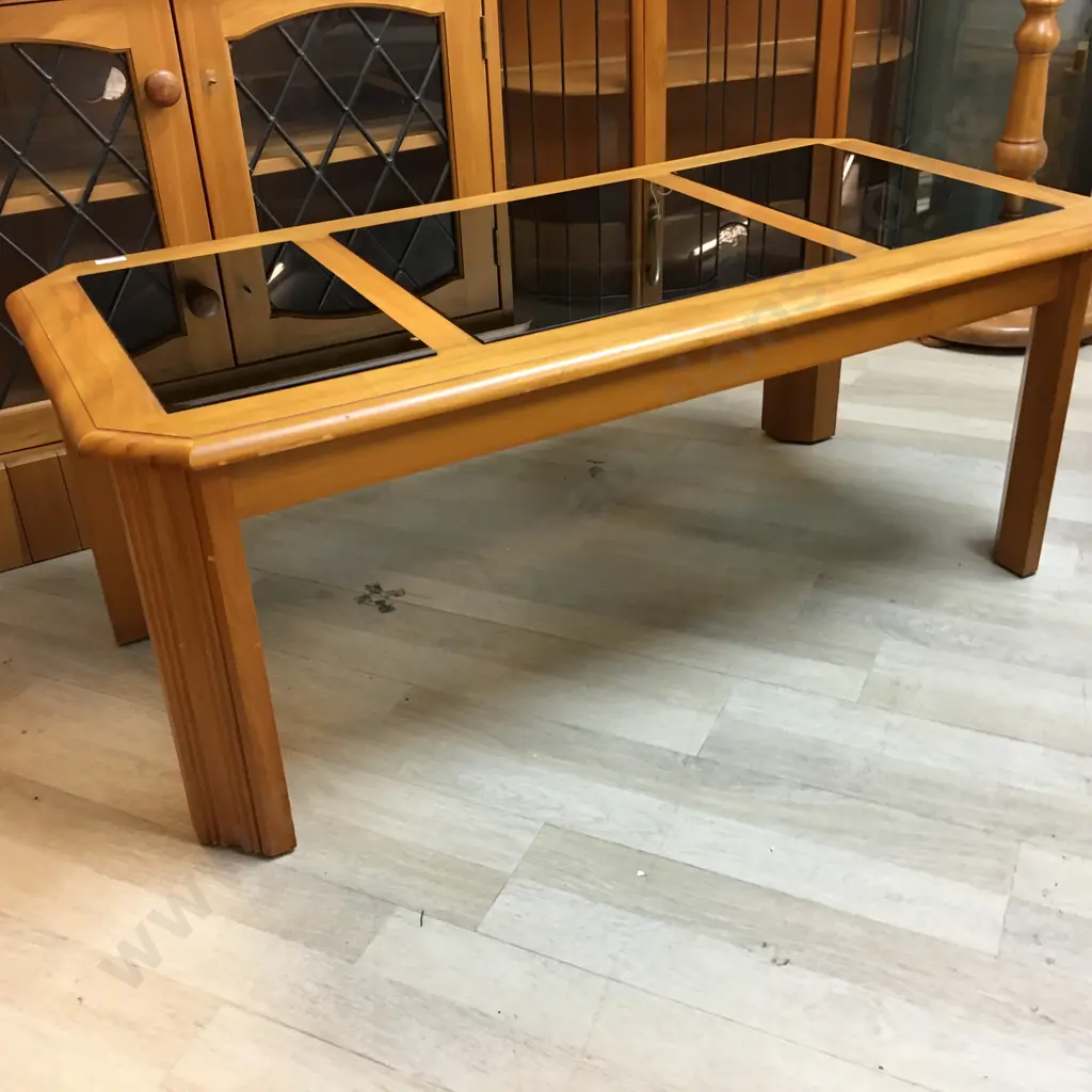 Rectangular Rimu Coffee Table With Black Tinted Glass Panels & Bevelled Edge. H43 W110 D55cm Image 1++