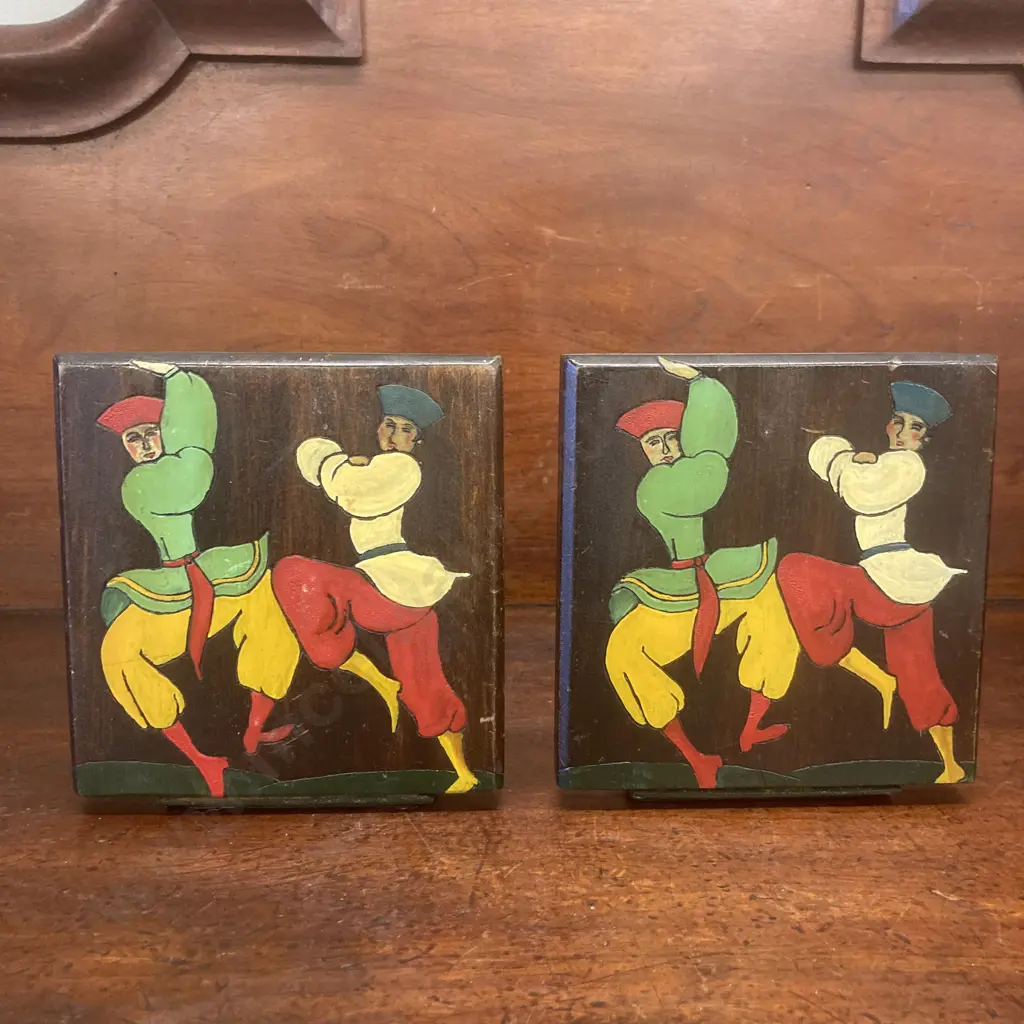 Vintage Hand Painted Dancing Russian Cossack Bookends & Pair of Hand Painted Turned Wooden Candlesticks. H40cm Image 1++