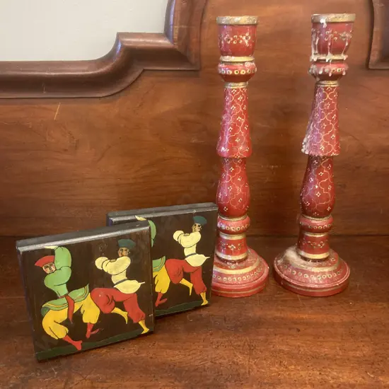 Vintage Hand Painted Dancing Russian Cossack Bookends & Pair of Hand Painted Turned Wooden Candlesticks. H40cm
