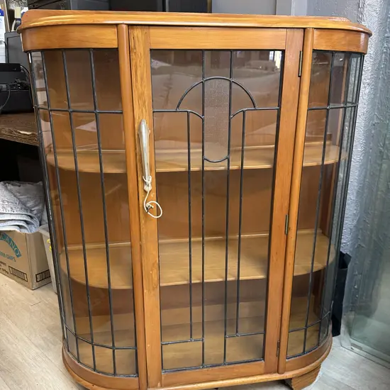 Art Deco Leadlight Bowfront China Cabinet With Key. H107 W91 D30cm