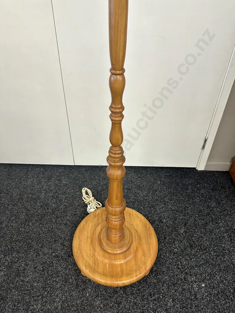 Turned Rimu Pedestal Lamp With a Gold Colour Tasselled Fabric Shade. H195cm Image 1++