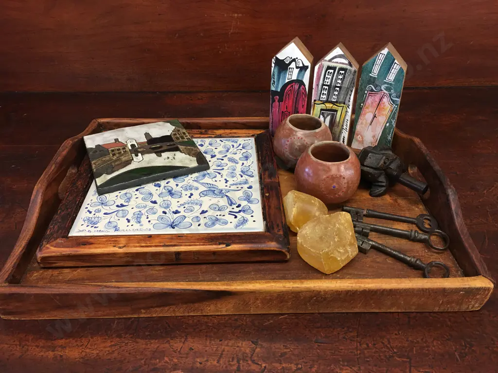 Wooden Tray With Kauri Gum, Decorative Keys, Tiles etc Image 1++