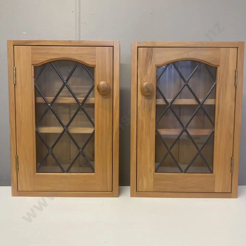 Pair of Rimu Wall Mount Cabinets, Single Leadlight Door, Adjustable Wooden Shelves, T&G Backed. H50 W35 D17cm Image 1++