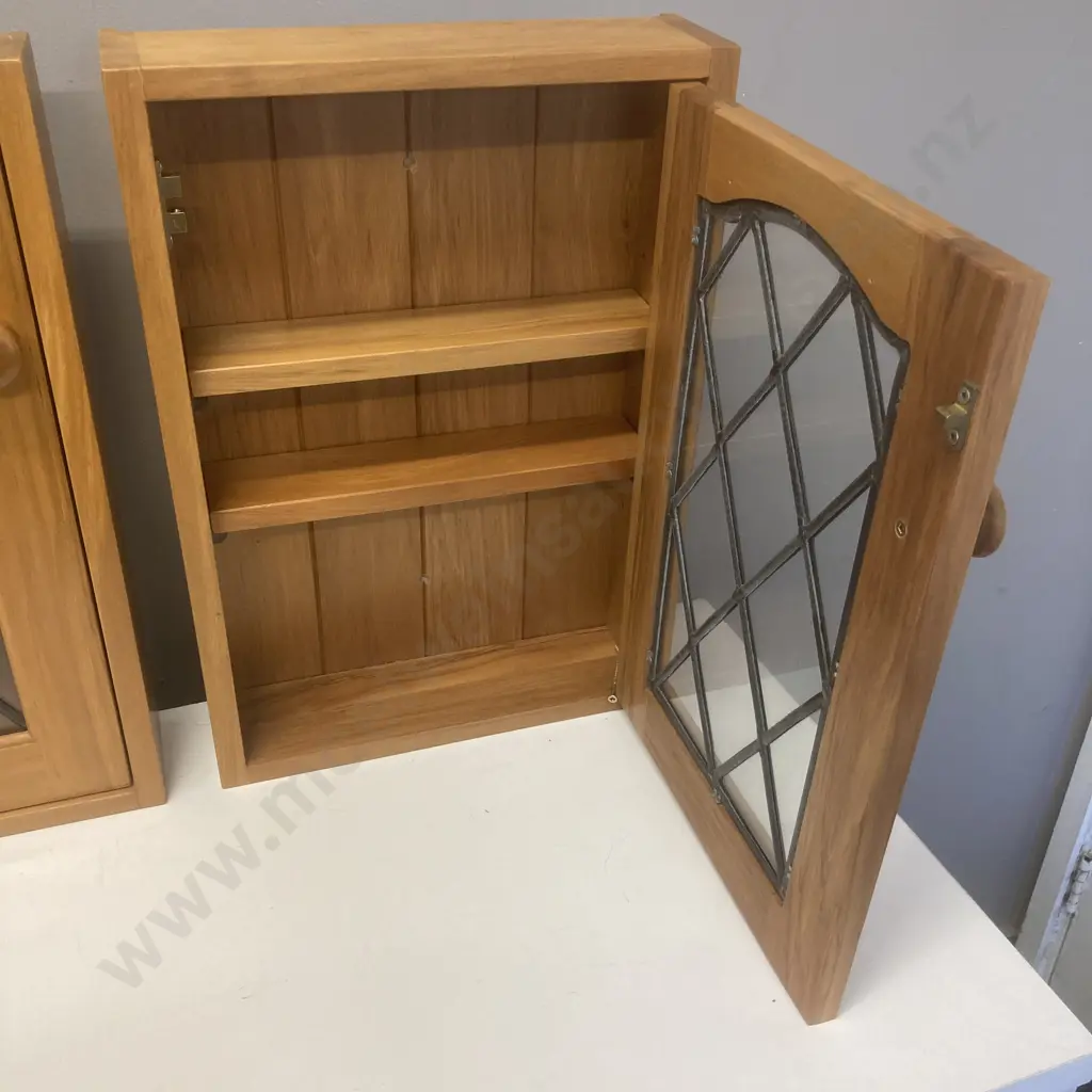 Pair of Rimu Wall Mount Cabinets, Single Leadlight Door, Adjustable Wooden Shelves, T&G Backed. H50 W35 D17cm Image 1++