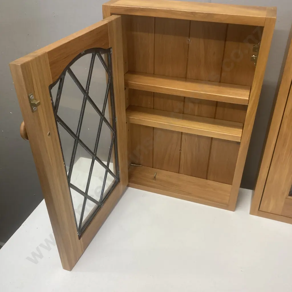 Pair of Rimu Wall Mount Cabinets, Single Leadlight Door, Adjustable Wooden Shelves, T&G Backed. H50 W35 D17cm Image 1++
