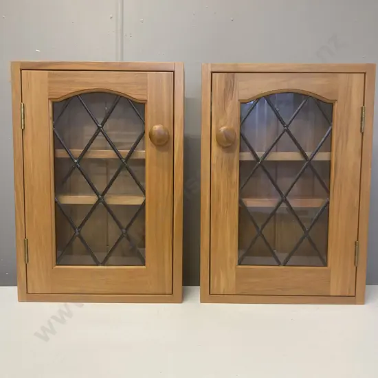 Pair of Rimu Wall Mount Cabinets, Single Leadlight Door, Adjustable Wooden Shelves, T&G Backed. H50 W35 D17cm
