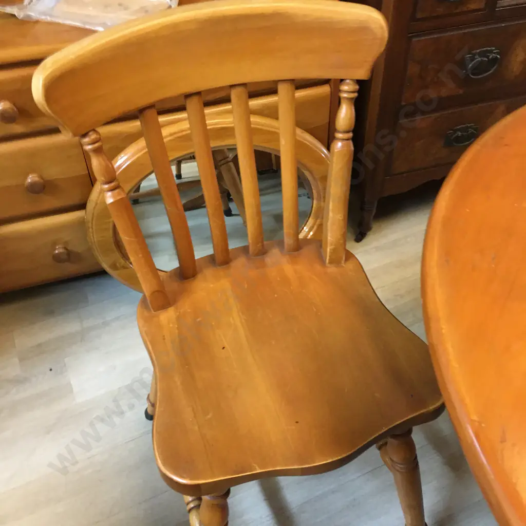 Country Furniture (NZ) Round Rimu Table On Turned Pedestal Base 75 x 145cm With 4 Rimu Slat Back Dining Chairs Image 1++