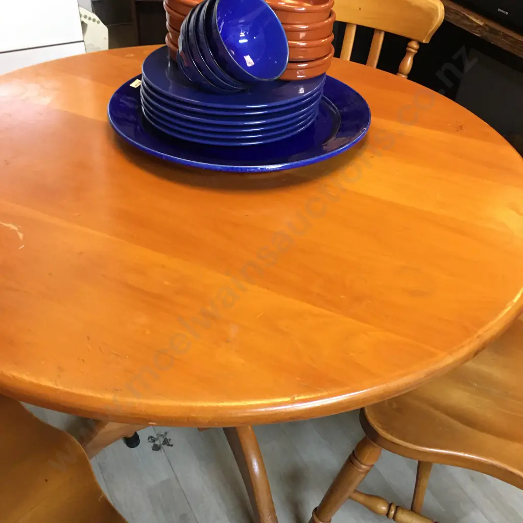 Country Furniture (NZ) Round Rimu Table On Turned Pedestal Base 75 x 145cm With 4 Rimu Slat Back Dining Chairs Image 1++