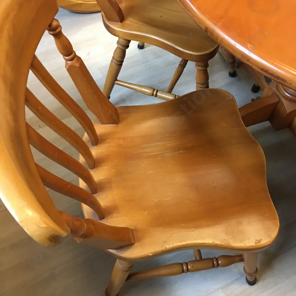 Country Furniture (NZ) Round Rimu Table On Turned Pedestal Base 75 x 145cm With 4 Rimu Slat Back Dining Chairs Image 1++
