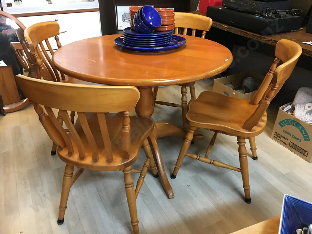 Country Furniture (NZ) Round Rimu Table On Turned Pedestal Base 75 x 145cm With 4 Rimu Slat Back Dining Chairs Image 1++