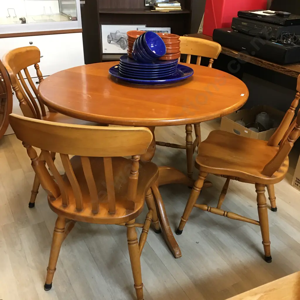 Country Furniture (NZ) Round Rimu Table On Turned Pedestal Base 75 x 145cm With 4 Rimu Slat Back Dining Chairs Image 1++