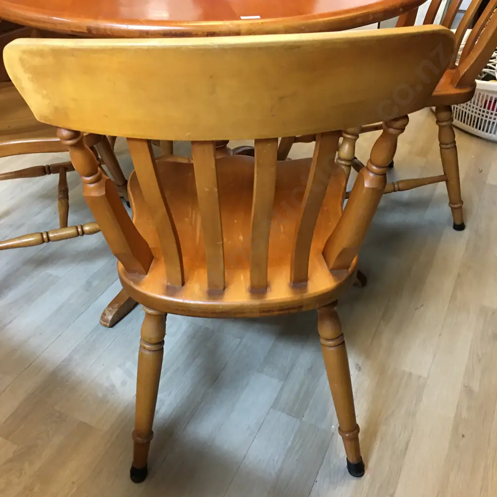Country Furniture (NZ) Round Rimu Table On Turned Pedestal Base 75 x 145cm With 4 Rimu Slat Back Dining Chairs Image 1++