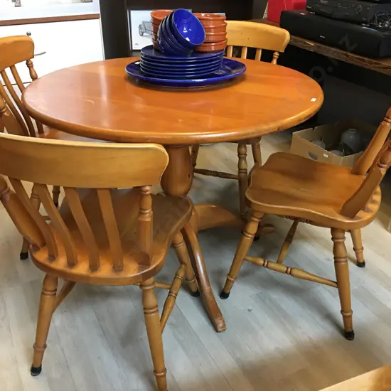 Country Furniture (NZ) Round Rimu Table On Turned Pedestal Base 75 x 145cm With 4 Rimu Slat Back Dining Chairs