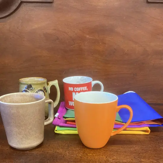 Assorted Coffee Cups - Nood, Di Antonio Etc With a Pair of Flags