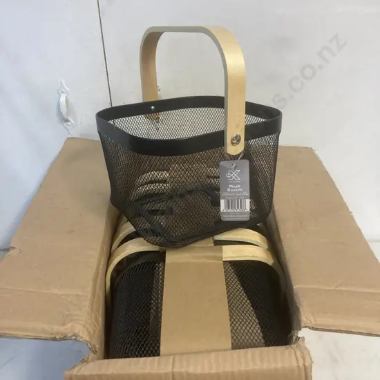 Kates Kitchen Square Mesh Basket With Wood, Black, Box of 12