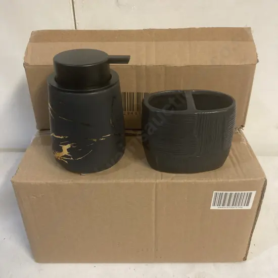 Lot of 6 Black & Gold Ceramic Soap Dispensers & 4 Black Ceramic Toothbrush Holders