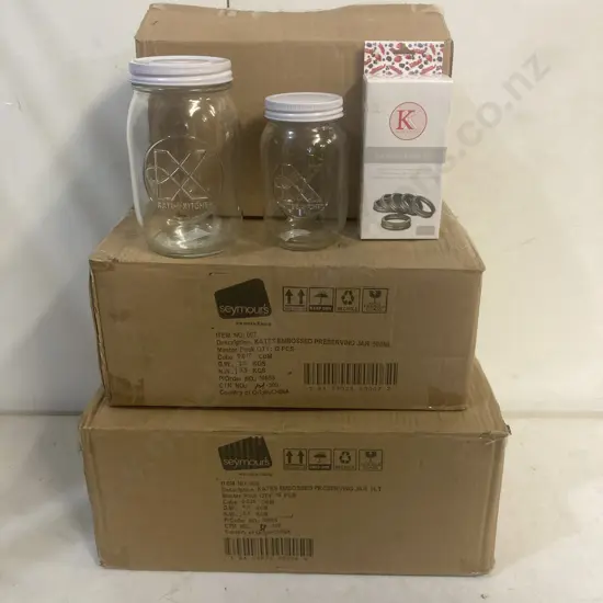 Kates Kitchen Embossed Preserving Jars, 12x500ml, 12x1LT & 12 Boxes of 6x70mm Jar Crew Lids