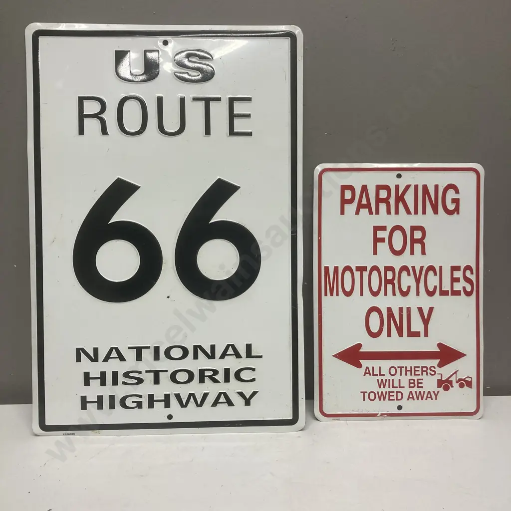 Pressed Tin Wall Signs - Motorcycle Parking & US Route 66. 45 x 31 & 30 x 20cm Image 1++