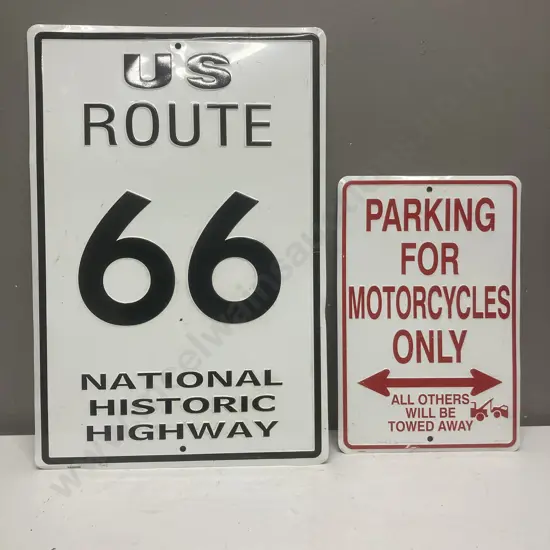 Pressed Tin Wall Signs - Motorcycle Parking & US Route 66. 45 x 31 & 30 x 20cm