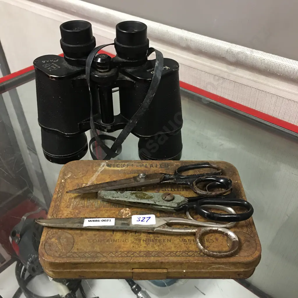 Vintage Nettleford Tin, Pinking Shears, Scissors & 'Kenko' Binoculars 7x50 Field 7.1# 64613 Image 1++