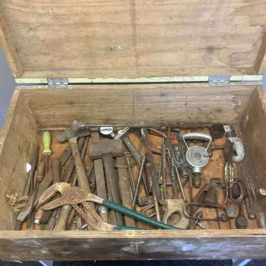 Vintage Hinged Wooden Case & Tools