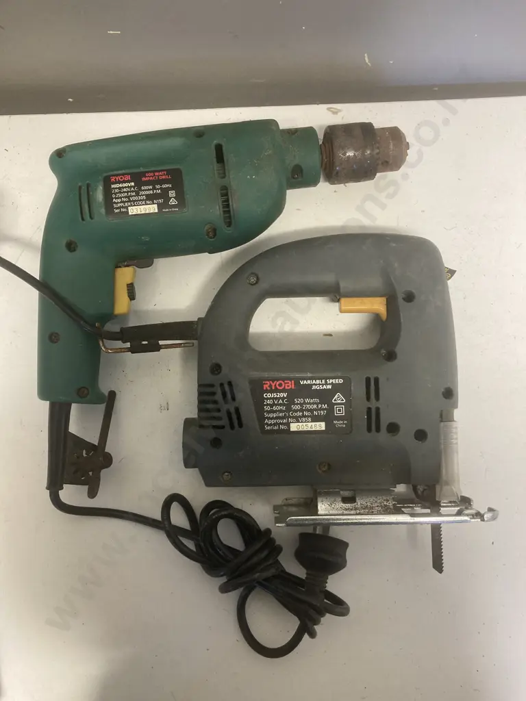 Ryobi COJ520W Variable Speed Jigsaw, Packet of Blades, Ryobi HID600VR 600W Impact Drill Image 1++