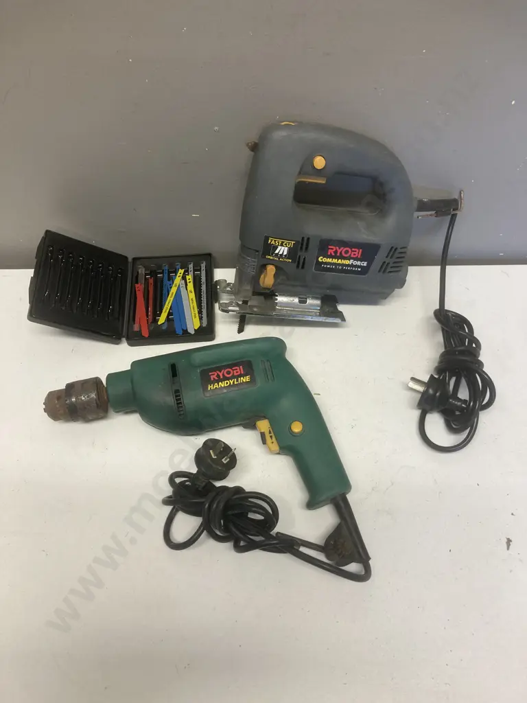Ryobi COJ520W Variable Speed Jigsaw, Packet of Blades, Ryobi HID600VR 600W Impact Drill Image 1++