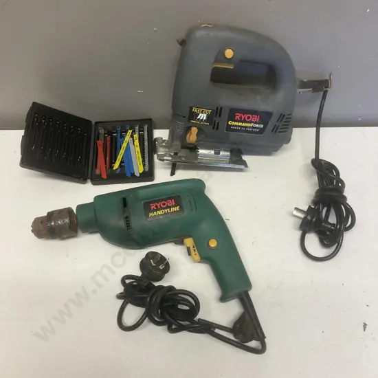 Ryobi COJ520W Variable Speed Jigsaw, Packet of Blades, Ryobi HID600VR 600W Impact Drill