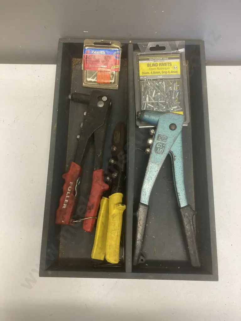 Rivet Guns, Rivets, Tin Snips In Wooden Tray Image 1++