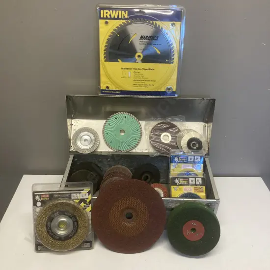 Steel Toolbox, Assorted Sanding, Cutting, Polishing Discs, Circular Saw Blade Etc