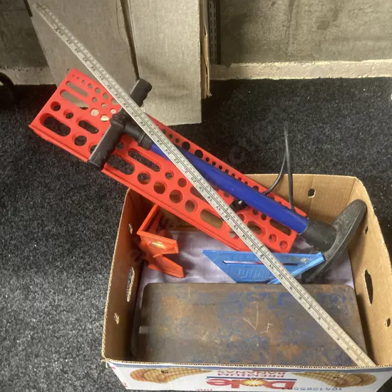 Box lot, Part Socket Set, Tool Hanger, 3' Steel Rule Etc