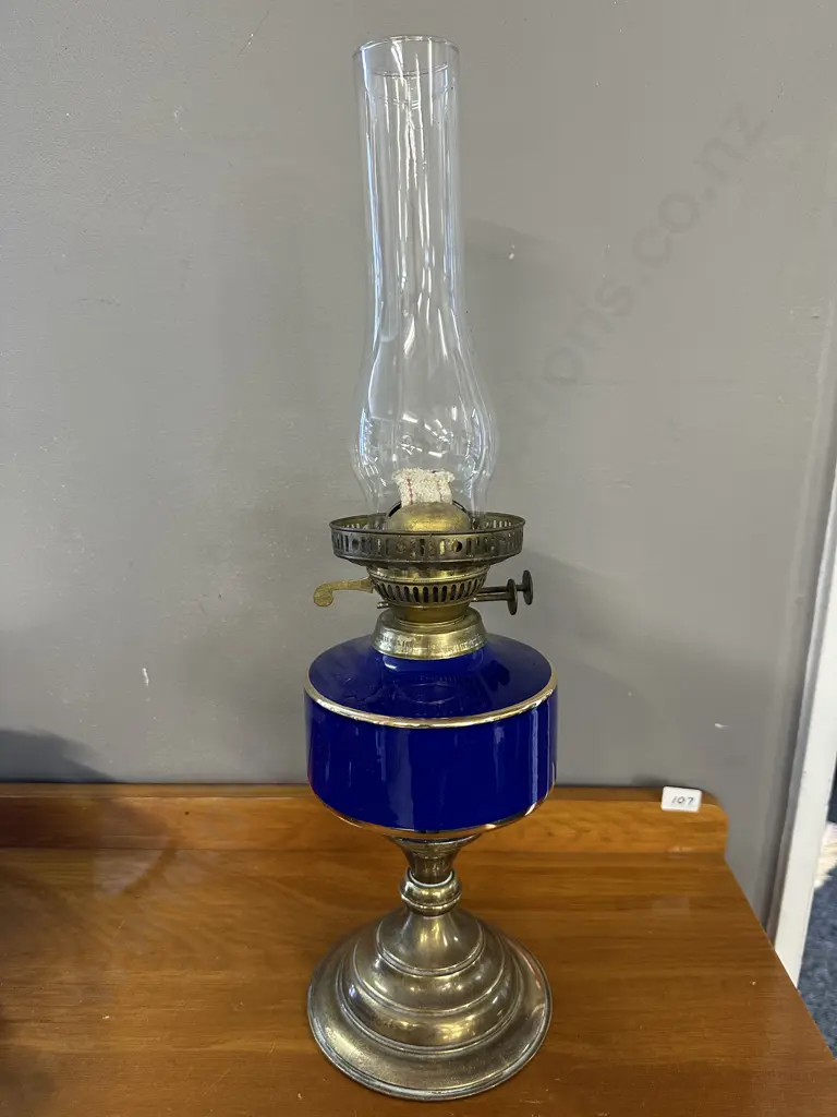 Vintage English Duplex Blue Ceramic Oil Lamp With Gilding H53cm. Image 1++