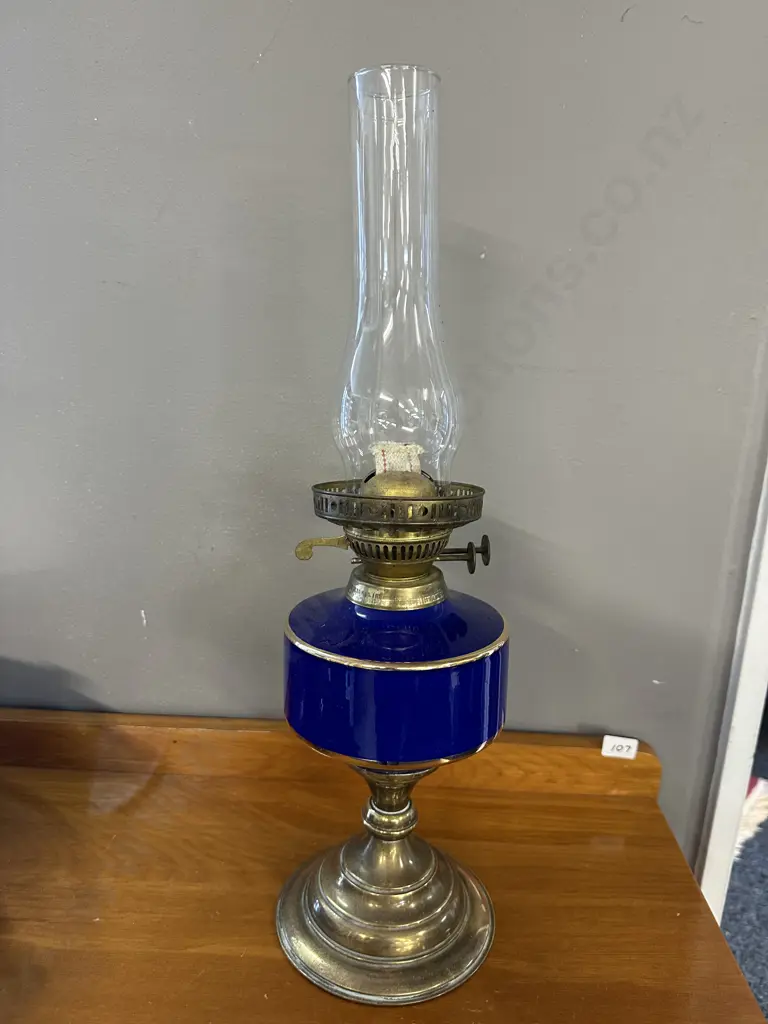 Vintage English Duplex Blue Ceramic Oil Lamp With Gilding H53cm. Image 1++
