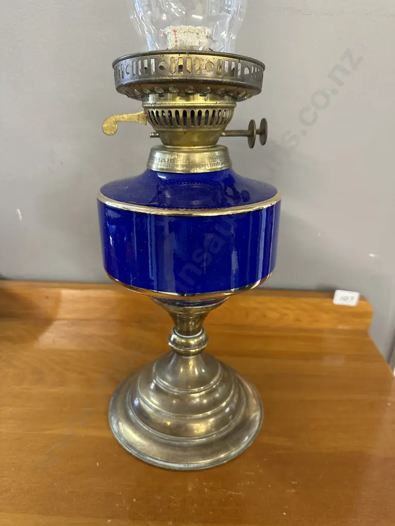 Vintage English Duplex Blue Ceramic Oil Lamp With Gilding H53cm. Image 1++