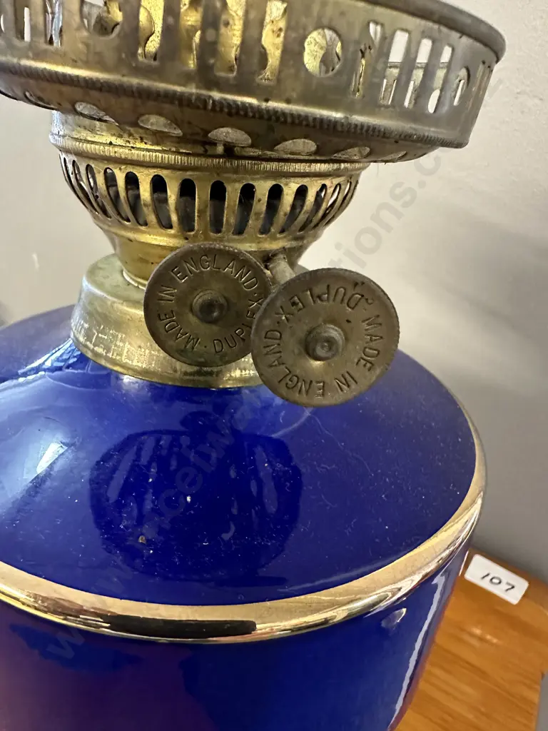 Vintage English Duplex Blue Ceramic Oil Lamp With Gilding H53cm. Image 1++