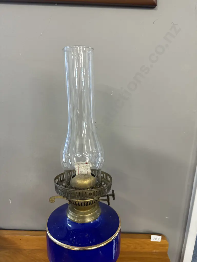 Vintage English Duplex Blue Ceramic Oil Lamp With Gilding H53cm. Image 1++