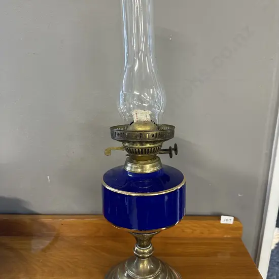 Vintage English Duplex Blue Ceramic Oil Lamp With Gilding H53cm.