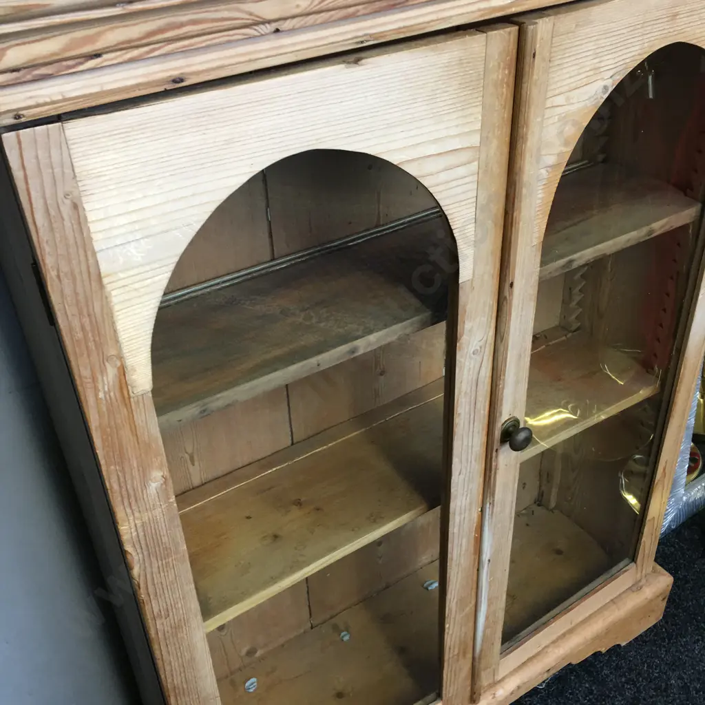 Antique Pine Bookcase / Display Cabinet, Double Arch Top Glazed Doors. H123 W99 D31cm Image 1++