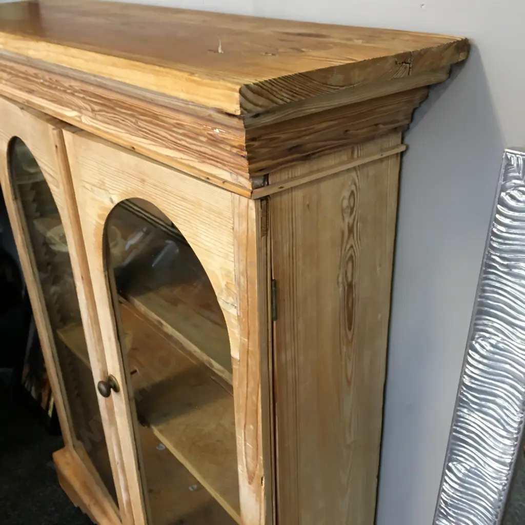Antique Pine Bookcase / Display Cabinet, Double Arch Top Glazed Doors. H123 W99 D31cm Image 1++