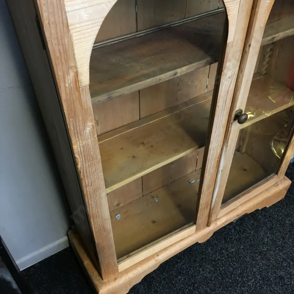 Antique Pine Bookcase / Display Cabinet, Double Arch Top Glazed Doors. H123 W99 D31cm Image 1++