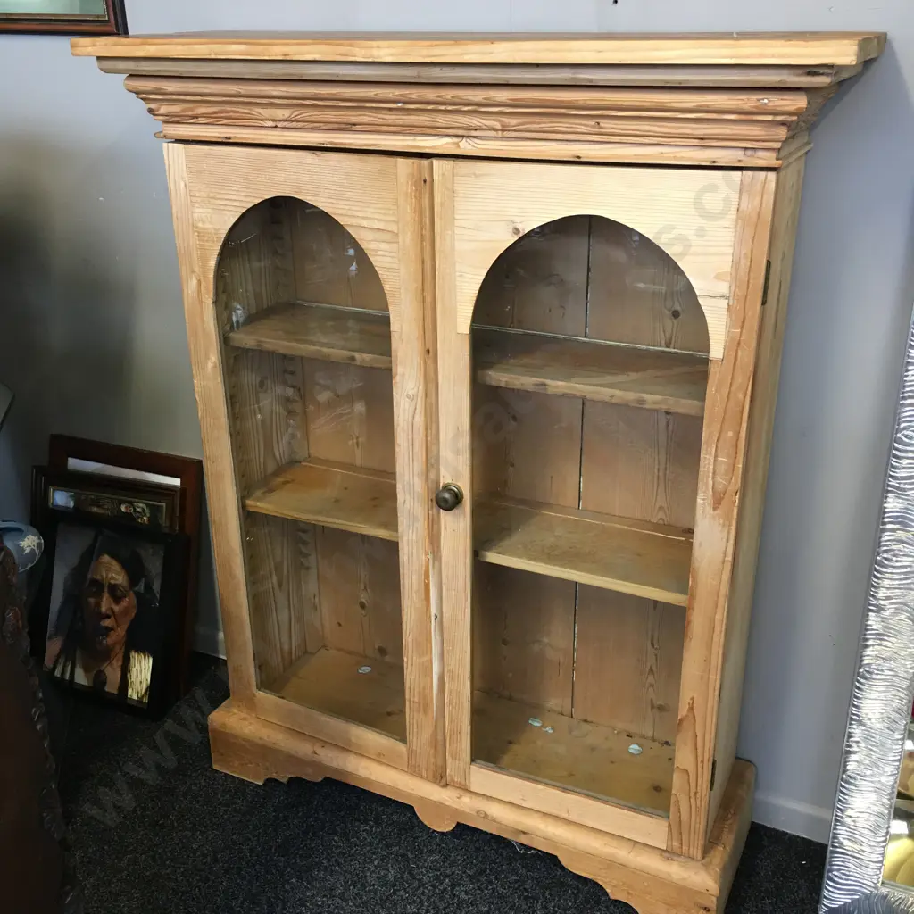 Antique Pine Bookcase / Display Cabinet, Double Arch Top Glazed Doors. H123 W99 D31cm Image 1++
