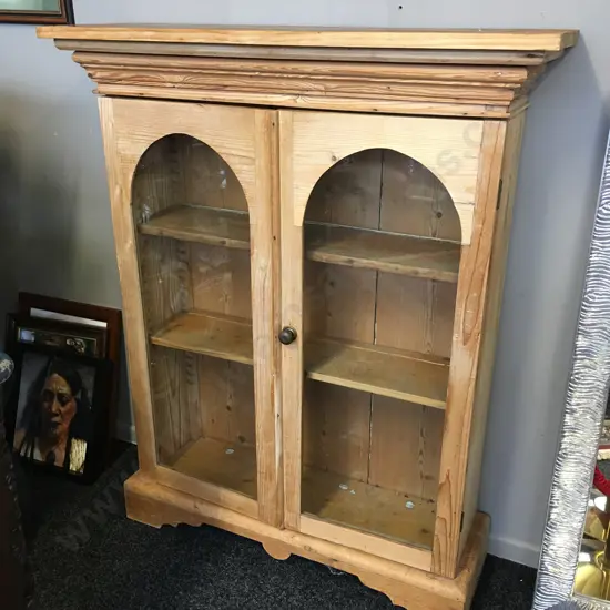 Antique Pine Bookcase / Display Cabinet, Double Arch Top Glazed Doors. H123 W99 D31cm