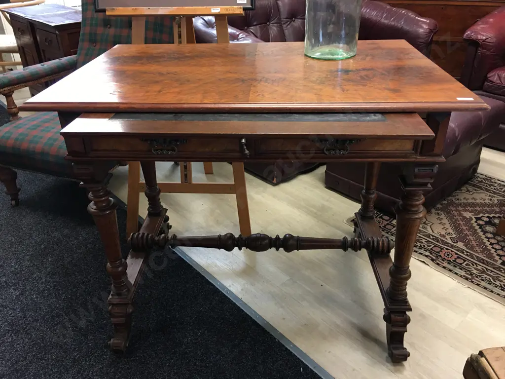 Antique Tiger Maple Table With A Pull Out Leather Top Writing Surface. H83 W100 D65cm Image 1++