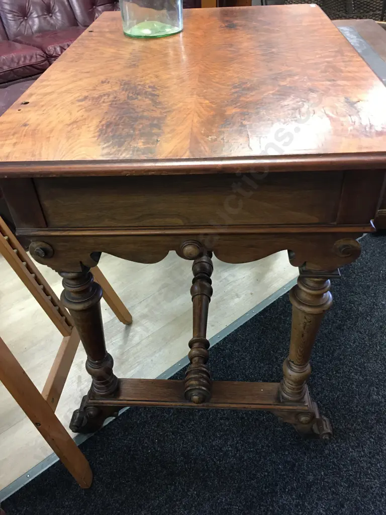 Antique Tiger Maple Table With A Pull Out Leather Top Writing Surface. H83 W100 D65cm Image 1++