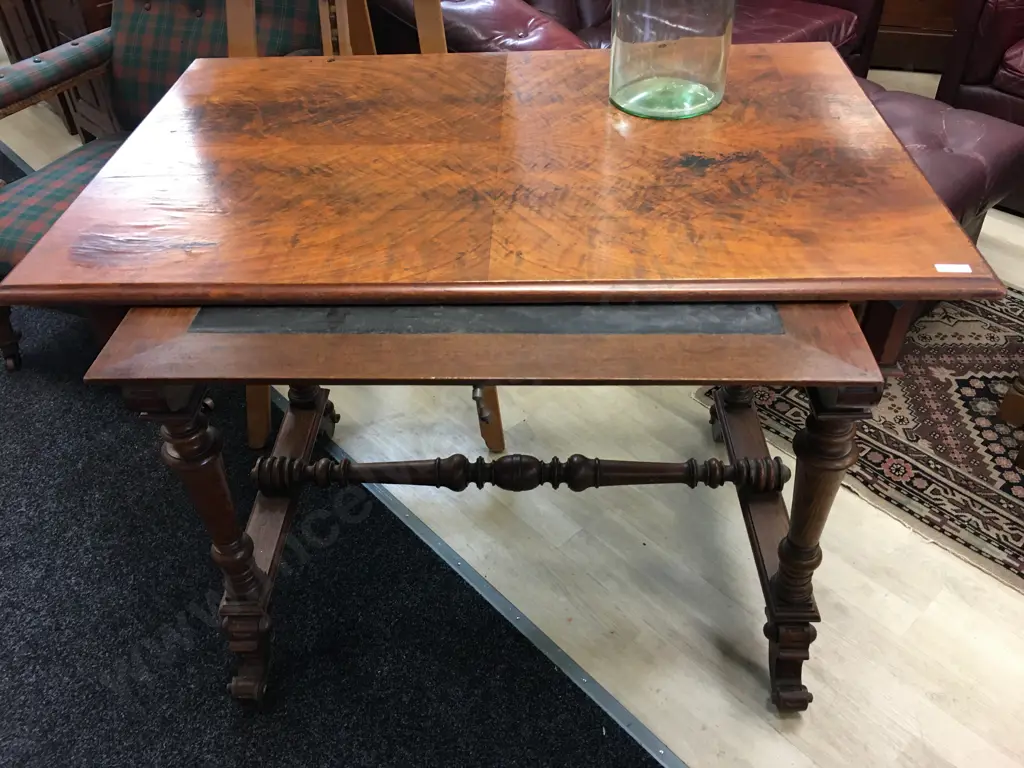 Antique Tiger Maple Table With A Pull Out Leather Top Writing Surface. H83 W100 D65cm Image 1++