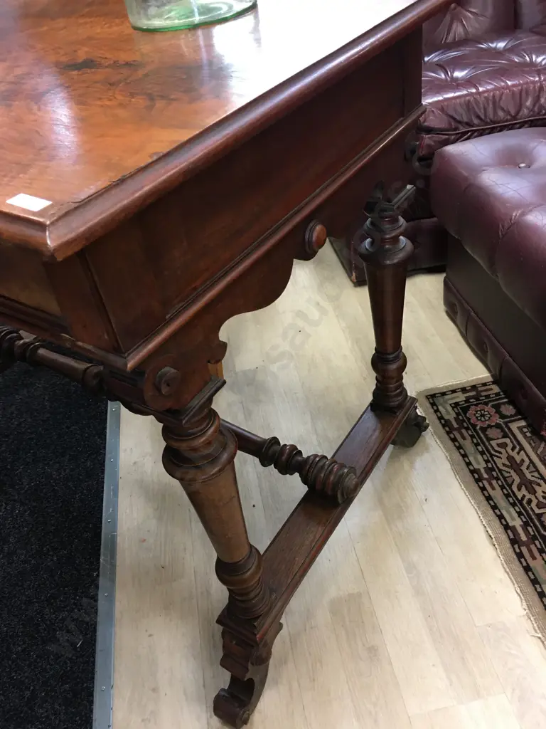 Antique Tiger Maple Table With A Pull Out Leather Top Writing Surface. H83 W100 D65cm Image 1++