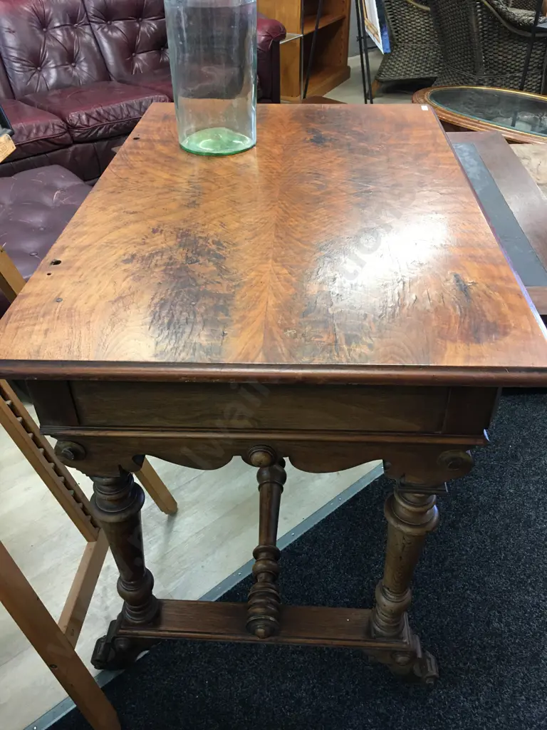 Antique Tiger Maple Table With A Pull Out Leather Top Writing Surface. H83 W100 D65cm Image 1++
