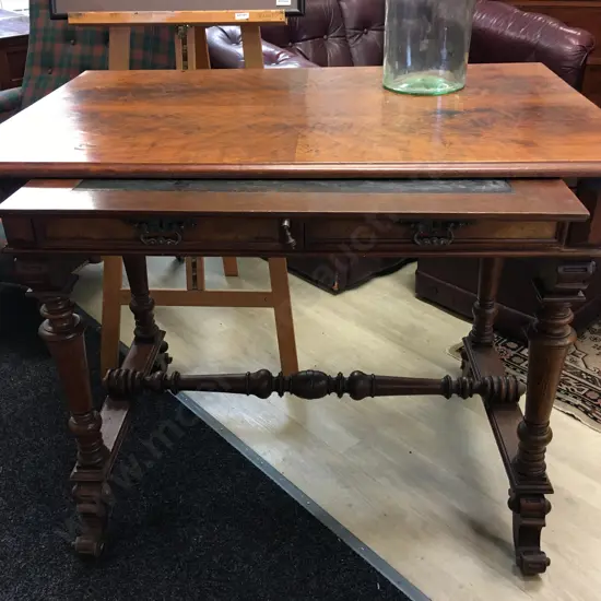 Antique Tiger Maple Table With A Pull Out Leather Top Writing Surface. H83 W100 D65cm