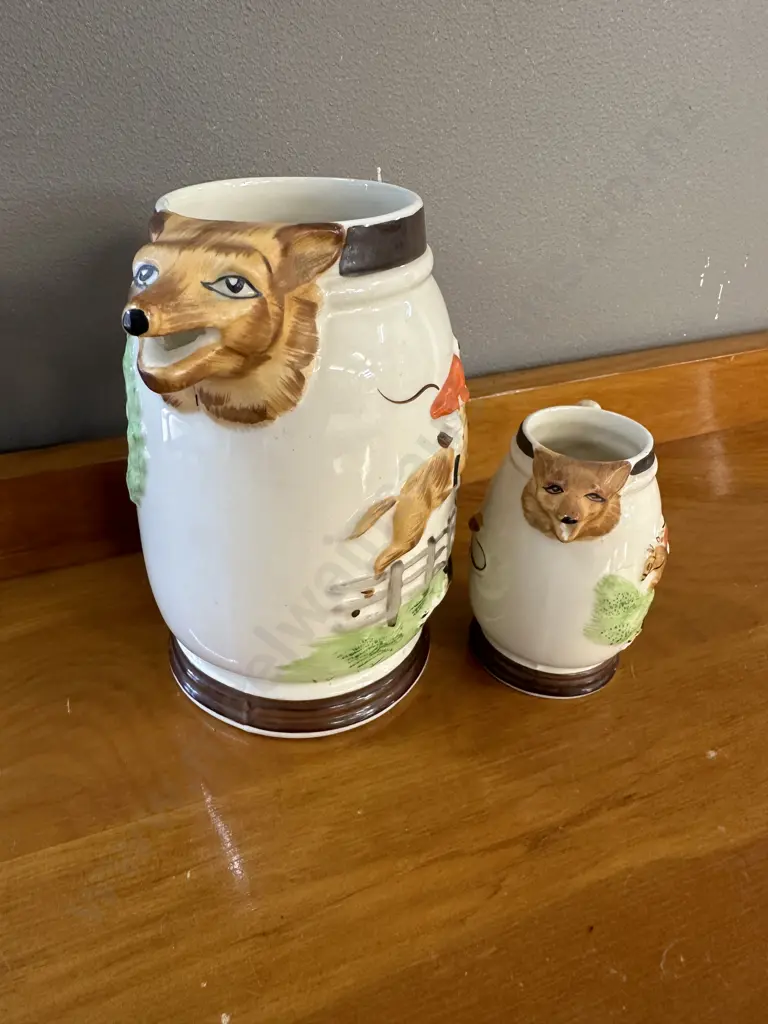 Vintage Keele Pottery Staffordshire Fox Hunting 16cm Water / Milk Jug & 9cm Creamer Image 1++